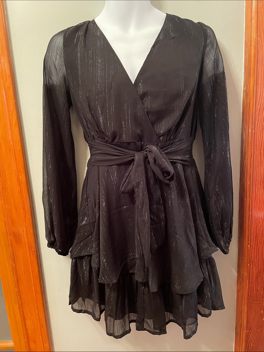 JAPNA Black Metallic Thread Ruffle Tier Skirt Long Sleeve Tie Waist Wrap Dress